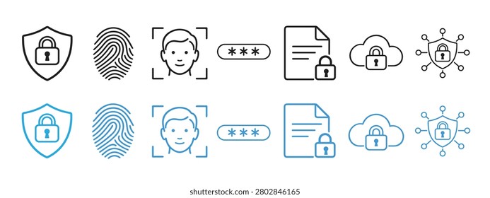 A modern cybersecurity and privacy protection icon set featuring shield lock, fingerprint, face ID, two factor authentication, secure cloud, encrypted file, password, firewall, privacy eye, and VPN symbols. Minimal line art vector illustration with clean outline style, isolated on white background, suitable for technology, digital security, and data protection projects.