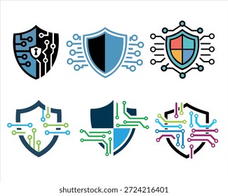 Un moderno conjunto de iconos de escudo de ciberseguridad con circuitos y Elementos de tecnología digital. Ideal para protección de datos, seguridad de red, sistemas de firewall, computación en la nube, software antivirus y elementos visuales de infraestructura de TI. Perfecto para Sitios web, App móviles, dashboards, plataformas SaaS y proyectos de marca tecnológica.