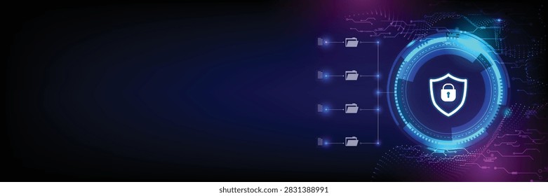Modern cybersecurity technology background featuring a glowing digital shield with a lock, connected data folders, network lines, and futuristic blue and purple effects. The composition represents data protection, information security, privacy, secure cloud computing, network defense, cyber risk management, and digital transformation. Ideal for corporate websites, security platforms, business presentations, technology banners, online services, and cybersecurity campaigns.
