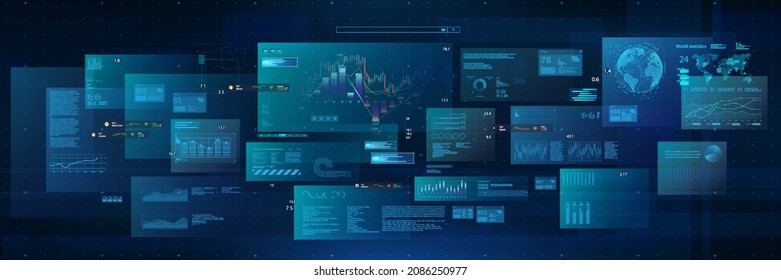 Modern Cyberspace With UI And HUD. Modern Business Background With Graphic, Charts, Infographic, Big Data And Indicators. Modern Economics And Big Data Analysis. HUD Business Background. Vector