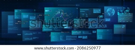 Modern cyberspace with UI and HUD. Modern Business Background with graphic, charts, infographic, big data and indicators. Modern Economics and Big Data Analysis. HUD business background. Vector