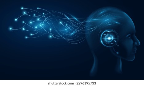 Modern cyborg with artificial intelligence analyzes data information with neural networks. Cybernetic sci-fi concept. Glowing neural connectors from the head of the robot. Vector illustration. EPS 10