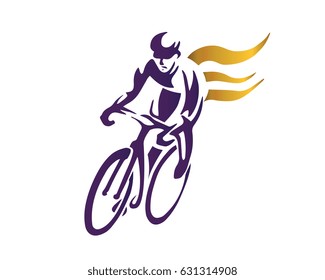 Modern Cycling Athlete In Action Silhouette Logo - Endurance Cyclist With Gold Flame