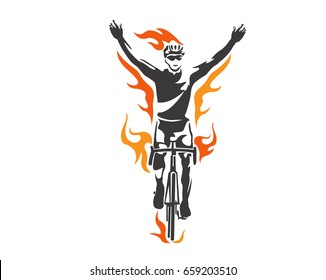 Modern Cycling Athlete In Action Silhouette Logo - Flaming Finish Line Winner