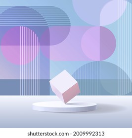Modern cylinder podium with geometric pattern background. Abstract vector rendering 3d shape for advertising product display. Pastel minimal scene studio room concept. 