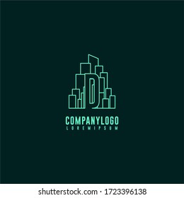 Modern D logo letter with building in outline style in green color design concept