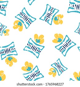 Modern daffodil flowers in aztec style pots. Seamless vector pattern background. Hand drawn yellow florals and blue vases backdrop with flecked texture overlay. Tossed botanical repeat for wellness