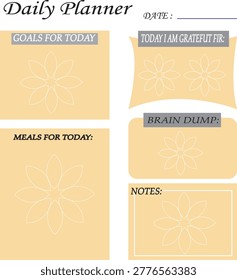 Modern Daily Planner Template with Floral Motifs for Goals, Gratitude, Meals, Brain Dump, and Personal Notes Organization