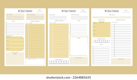 Modern daily planner template set. Printable A4 sheets