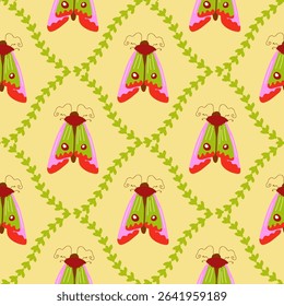 Modern Damascus-inspired butterfly pattern: minimalist geometric silhouettes, vibrant colors, and symmetrical repeat. Perfect for textiles, wallpapers, and luxury branding. Bold yet elegant.