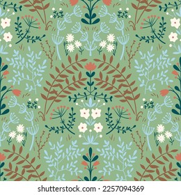 Modern damask with garden flowers. Seamless vector pattern in retro colors