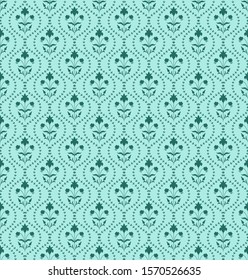 Modern Damask Seamless pattern with   flowers, leaves, plants and buds in emerald green color on light turquoise background. Can be used for  fabrics, wallpapers, wripping and decoration.