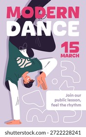 Diseño moderno del cartel del acontecimiento de la clase de baile. Plantilla publicitaria de breakdance y hip hop escolar. El diseño de la promoción con el bailarín está en la mano boca abajo, se mueve con la música. Ilustración vectorial plana