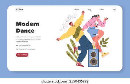 Modern Dance concept. Two joyful characters expressing themselves through dance with music from a speaker. Energetic moves in a dynamic environment. Vector illustration.