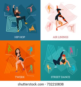 Modern dance types concept with hip hop, aerial ribbons, street style movements, twerk isolated vector illustration