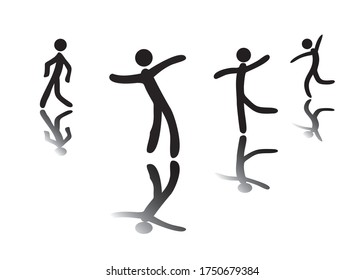 Modern dance vector illustration, stickman, mirror, silhouette, isolated on white background. 