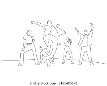 Modern dancers in line art drawing style. Composition of a dance group. Black linear sketch isolated on white background. Vector illustration design.