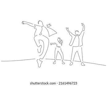 Modern dancers in line art drawing style. Composition of a dance group. Black linear sketch isolated on white background. Vector illustration design.