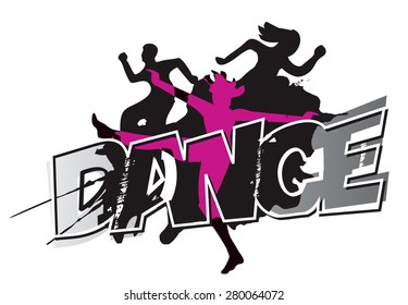 Modern dancing grunge background
Disco and modern dancing Dancers silhouettes on the inscription Dance and grunge black background . Vector illustration.
