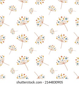 Modern dandelion flowers seamless pattern. Blue, yellow and terracotta boho floral vector illustration.