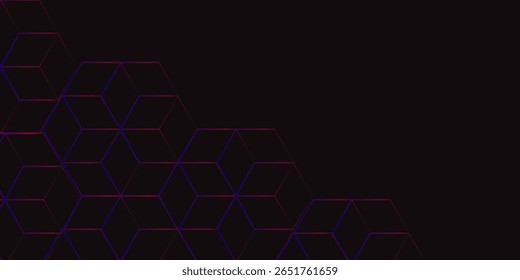 Fondo abstracto oscuro moderno con patrones de línea hexagonal 3D en azul neón y magenta.