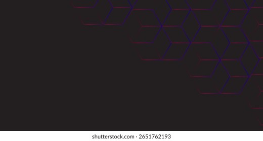 Fondo abstracto oscuro moderno con patrones de línea hexagonal 3D en azul neón y magenta.