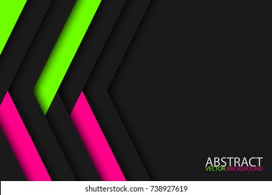 Modern dark abstract background with pink and green stripes, material design, black vector background