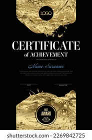 Modern dark art certificate of achievement template with place for your content - vertical premium golden luxury style version. Artistic black certificate diploma template.
