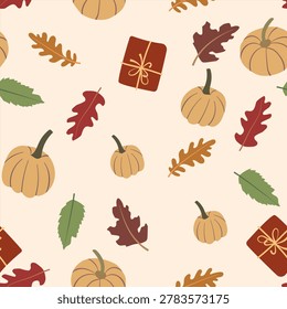 Modern dark autumn vector pattern with pumpkins, leaves and festive seasonal elements. Stylish seamless illustration for fabric, wrapping paper, wallpapers and holiday designs.