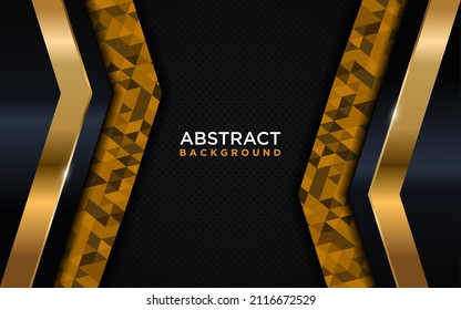 Diseño moderno de fondo oscuro combinado con elementos brillantes dorados y polígonos.