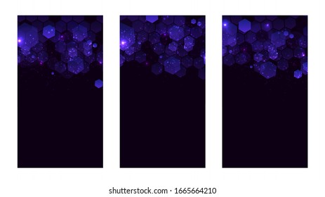 Modern dark background with hexagons for mobile app. Modern dark abstract vector texture. Hexagon pattern. Gradient web ui design. Mobile app interface. Vector illustration layout template design