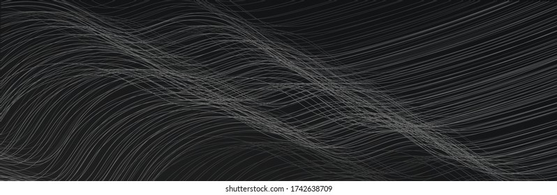 
Moderno fondo oscuro con líneas. ondas musicales. Visualización del flujo de partículas de Big Data. Ilustración futurista de ciencia infográfica. vector