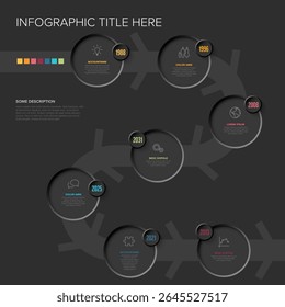 Um modelo infográfico moderno de linha de tempo de fundo escuro com elementos de design circulares e ícones. Modelo infográfico para representar um processo ou linha do tempo, ajudando a visualizar dados ou etapas sequenciais