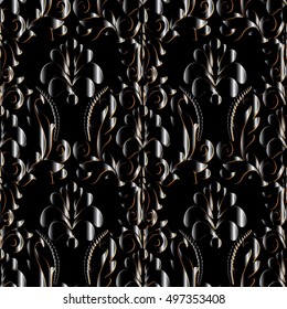 Modern dark black baroque damask floral vector seamless pattern background wallpaper illustration with 3d antique flowers,leaves and ornaments.Decor elements with shadow and highlights.Endless texture