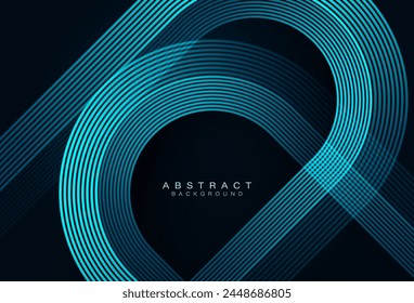 Modern dark blue abstract background with glowing geometric lines. Shiny blue diagonal rounded lines pattern. Futuristic technology concept. Suit for poster, banner, brochure, corporate, website