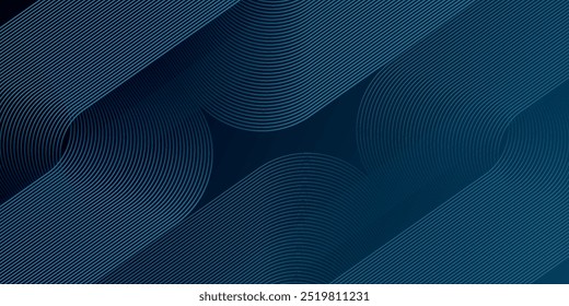 Fundo abstrato azul escuro moderno com linhas geométricas de gradiente azul brilhante. Projeto de arte de linha de faixa geométrica. Padrão de linhas azul brilhante.	