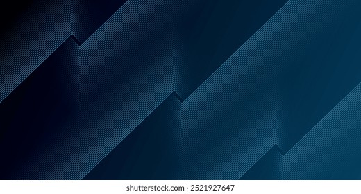 Fundo abstrato azul escuro moderno com linhas geométricas de gradiente azul brilhante. Projeto de arte de linha de faixa geométrica. Padrão de linhas azul brilhante.	