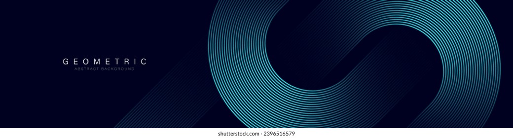 Modern dark blue abstract horizontal banner background with glowing geometric lines. Shiny blue diagonal rounded lines pattern. Futuristic concept. Suit for cover, brochure, presentation, flyer, web