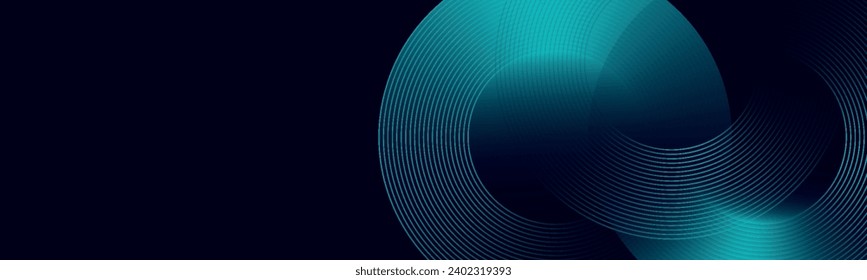 Modern dark blue abstract horizontal banner background with glowing geometric lines. Shiny blue diagonal rounded lines pattern. Futuristic concept