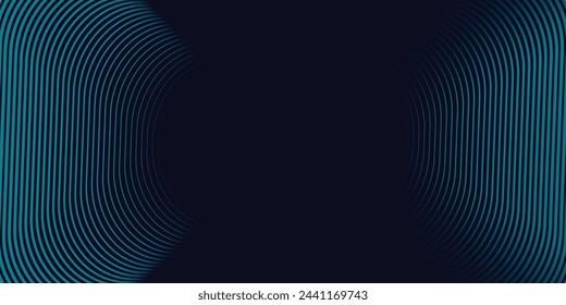 Modern dark blue abstract horizontal banner background with glowing geometric lines. Shiny blue diagonal rounded lines pattern. Futuristic concept. Suit for cover abstract web