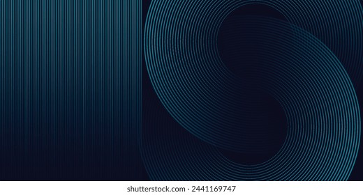 Modern dark blue abstract horizontal banner background with glowing geometric lines. Shiny blue diagonal rounded lines pattern. Futuristic concept. Suit for cover line