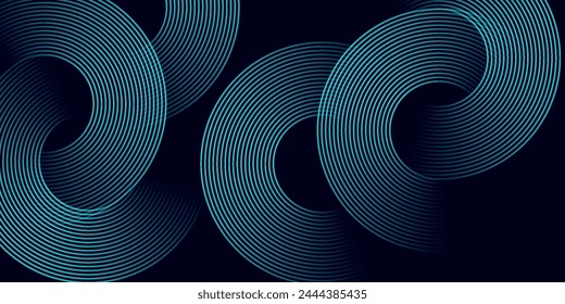 Modern dark blue abstract horizontal banner background with glowing geometric lines. Shiny blue diagonal rounded lines pattern. Futuristic concept. Suit for cover, brochure, presentation, flyer, web