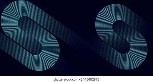 Modern dark blue abstract horizontal banner background with glowing geometric lines. Shiny blue diagonal rounded lines pattern.