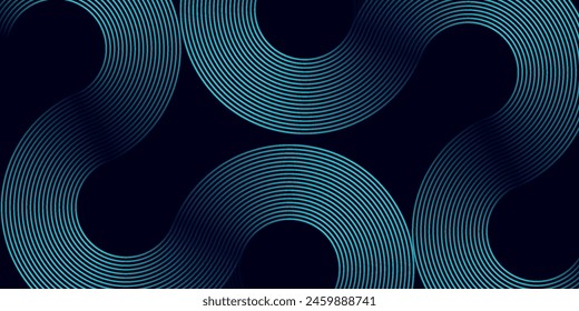 Modern dark blue abstract horizontal banner background with glowing geometric lines. Shiny blue diagonal rounded lines pattern. Futuristic concept. Suit for cover, brochure, presentation, flyer, web