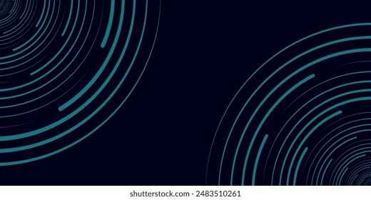 Modern dark blue abstract horizontal banner background with glowing geometric lines. Shiny blue diagonal rounded lines pattern. Futuristic concept