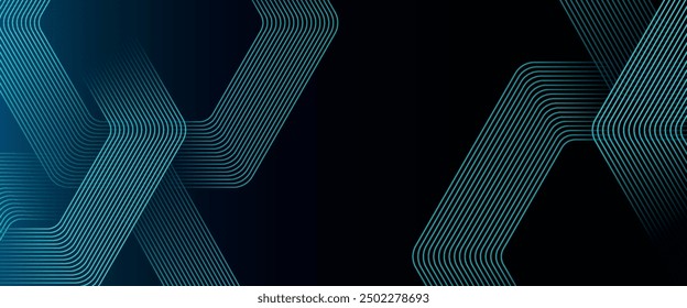 Modern dark blue abstract horizontal banner background with glowing geometric lines. Shiny blue diagonal rounded lines pattern. Futuristic concept. Suitable for covers, brochures, presentations.