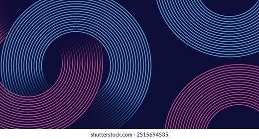 Modern dark blue abstract horizontal banner background with glowing geometric lines. Shiny blue diagonal rounded lines pattern. Futuristic concept. Suit for cover, brochure, presentation, flyer, web