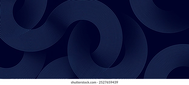 Modern dark blue abstract horizontal banner background with glowing geometric lines. Shiny blue diagonal rounded lines pattern. Futuristic concept. Suit for cover, brochure, presentation, flyer, web