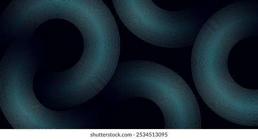 Modern dark blue abstract horizontal banner background with shining geometric lines. Shiny blue diagonal rounded lines pattern.