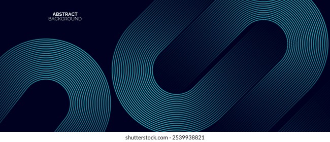 Modern dark blue abstract horizontal banner background with glowing geometric lines. Shiny blue diagonal rounded lines pattern.